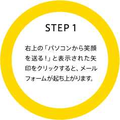 STEP1 右上の「パソコンから笑顔を送る!」と表示された矢印をクリックすると、メールフォームが起ち上がります。