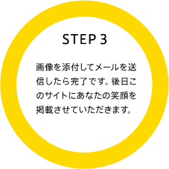 STEP3 画像を添付してメールを送信したら完了です。後日このサイトにあなたの笑顔を掲載させていただきます。